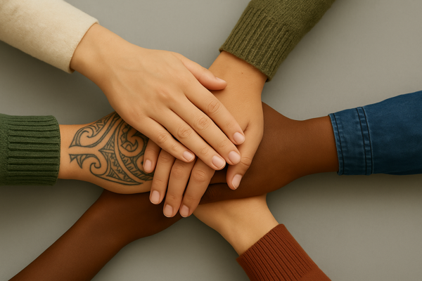 A group of hands held together in support.